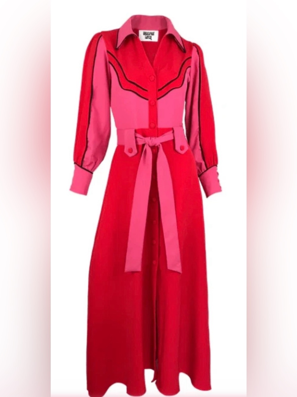 Western Long-Sleeve Two-Tone Pink & Red Maxi Dress
